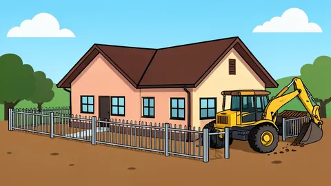 A rural village house surrounded by metal fencing and heavy earth-moving machinery