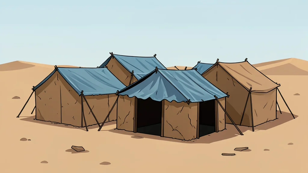 A cluster of makeshift shelters constructed from mud and plastic sheeting in a dusty, open landscape