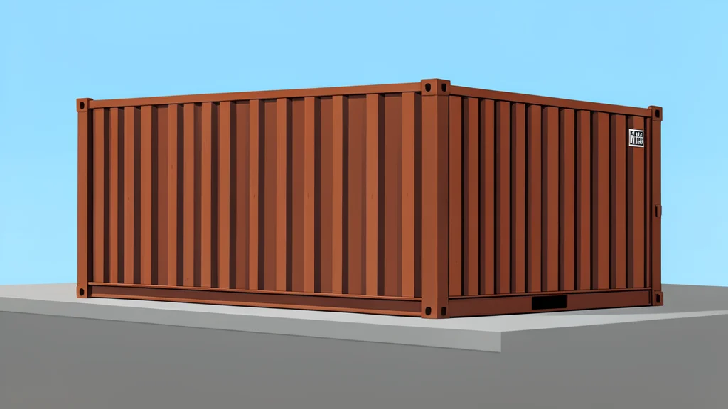 A large, rusted metal shipping container sitting on a concrete dock