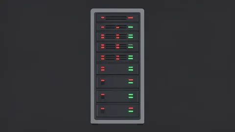 A server rack with blinking status lights