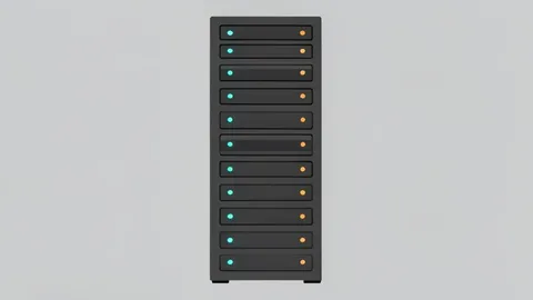 A server rack with blinking status lights