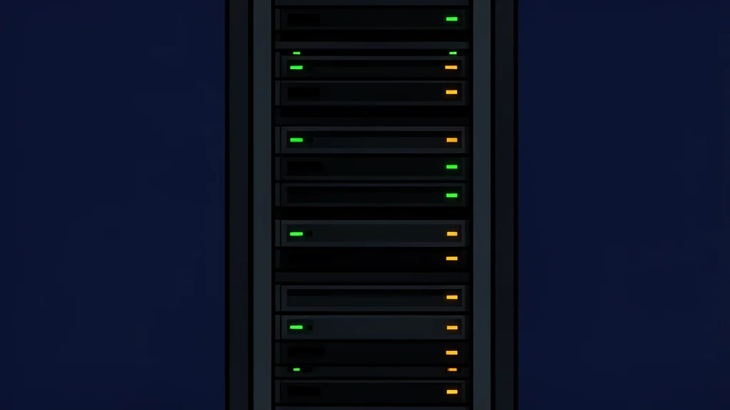 A server rack with blinking status lights in a dark data center