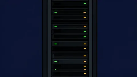 A server rack with blinking status lights in a dark data center