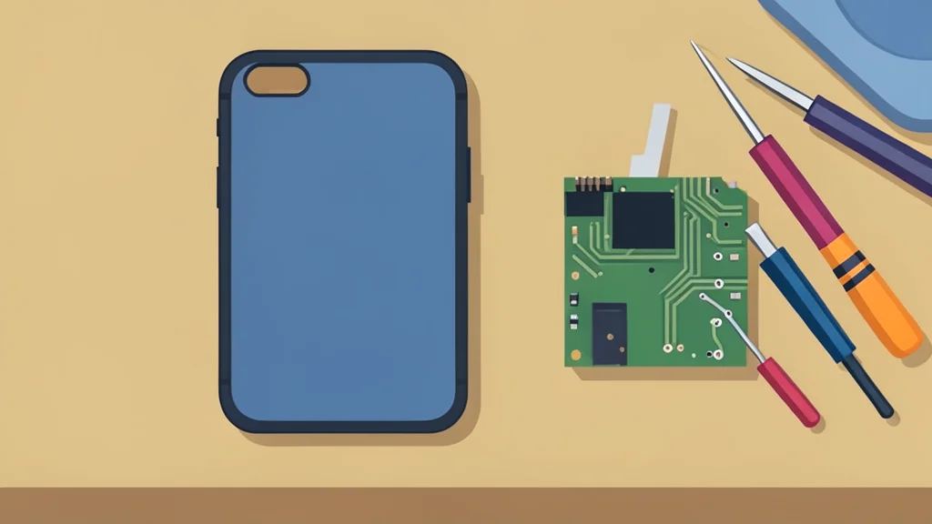 A smartphone chassis resting on a workbench next to a disassembled circuit board and soldering tools