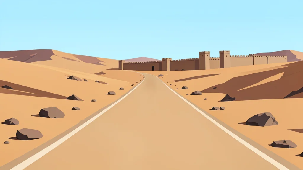 A dusty, unpaved road in a dry, arid landscape with scattered debris and a distant view of a fortified compound