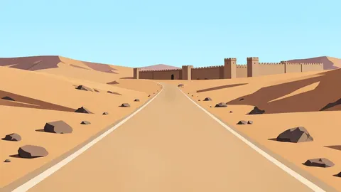 A dusty, unpaved road in a dry, arid landscape with scattered debris and a distant view of a fortified compound