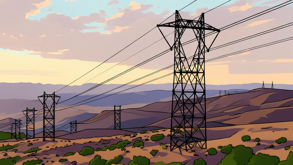 A high-voltage electrical transmission tower standing in a dry, grassy landscape