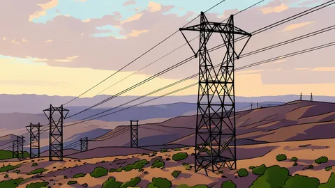 A high-voltage electrical transmission tower standing in a dry, grassy landscape