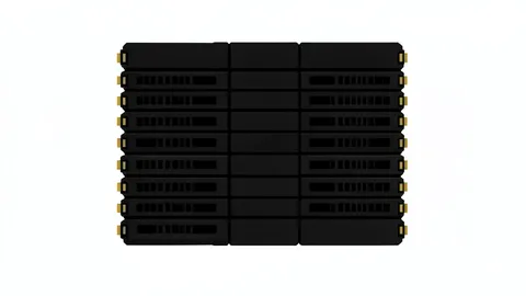 A high-density stack of black computer memory modules with gold contact pins