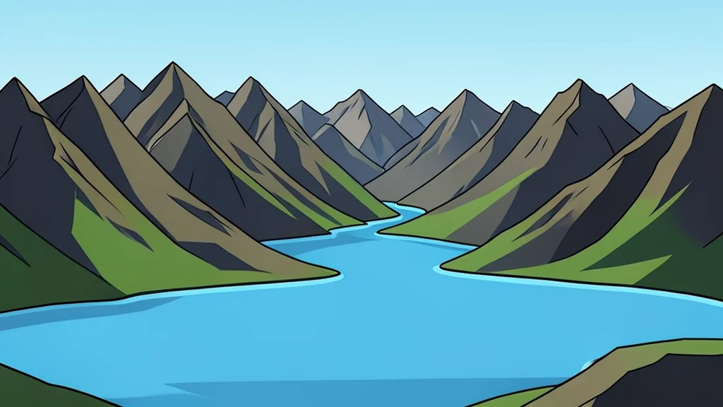 A rugged mountain range overlooking a narrow strait connecting two large bodies of water