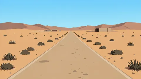 A dusty, unpaved road stretching through a dry, arid landscape with sparse vegetation and distant, low-lying structures.