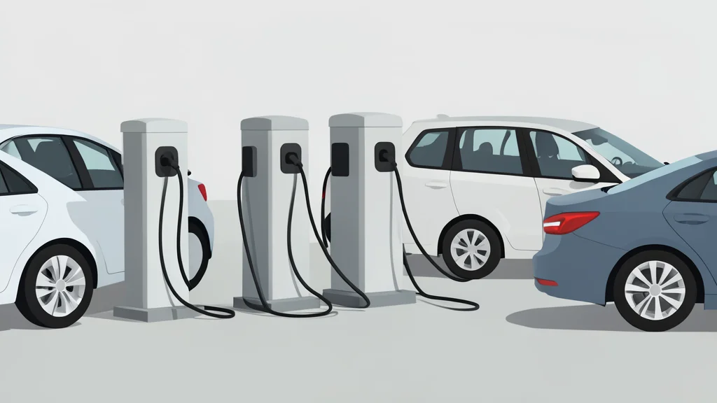 A row of electric vehicle charging stations with cables plugged into the ports of parked cars
