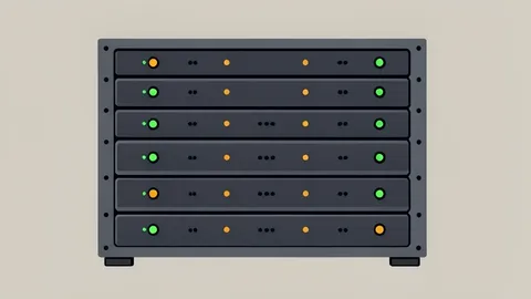 A flat-vector illustration of a server rack with glowing status lights.