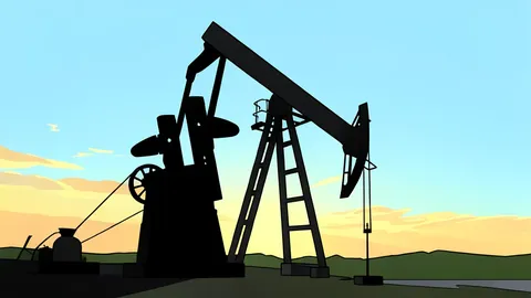 A large industrial oil refinery with storage tanks and processing pipes.
