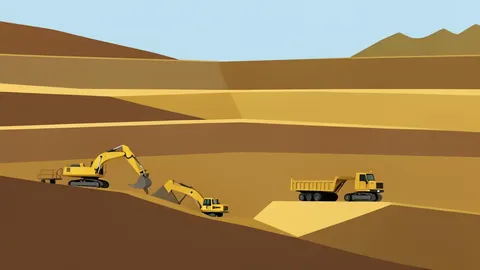An open-pit gold mine with terraced earth walls and heavy mining equipment