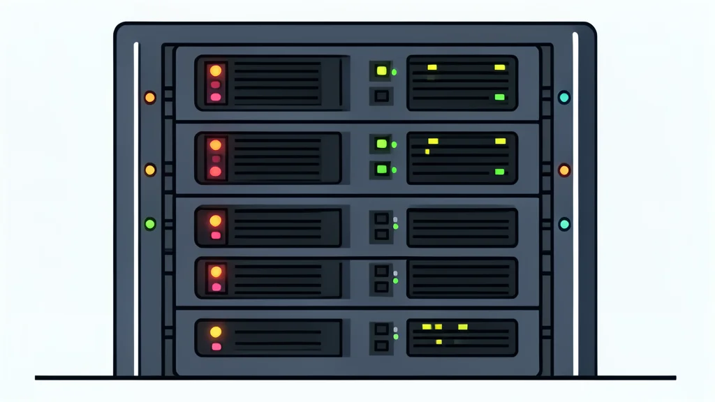 A flat-vector illustration of a server rack with blinking status lights