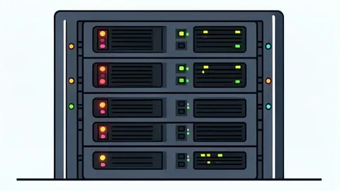 A flat-vector illustration of a server rack with blinking status lights