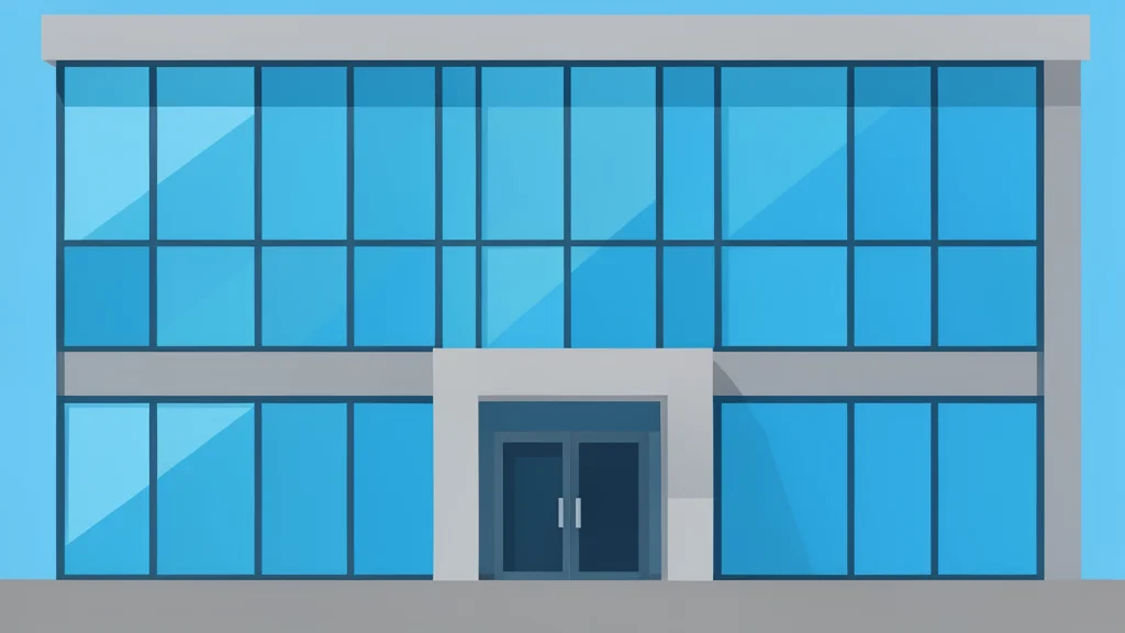 A modern financial institution building facade with large glass windows and a concrete entrance