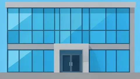 A modern financial institution building facade with large glass windows and a concrete entrance