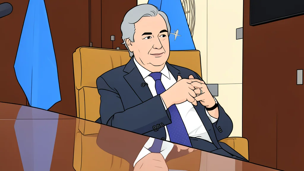 A flat vector illustration of the United Nations General Assembly hall interior with empty rows of desks and a central podium.