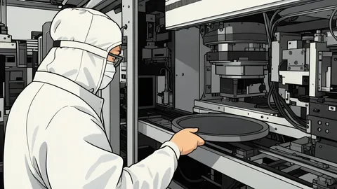 A close-up view of a silicon wafer resting on a cleanroom table.