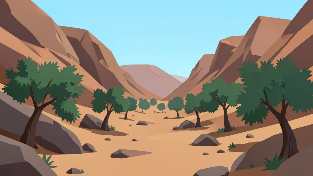 A rocky, arid valley landscape with scattered olive trees and dry earth