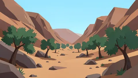 A rocky, arid valley landscape with scattered olive trees and dry earth