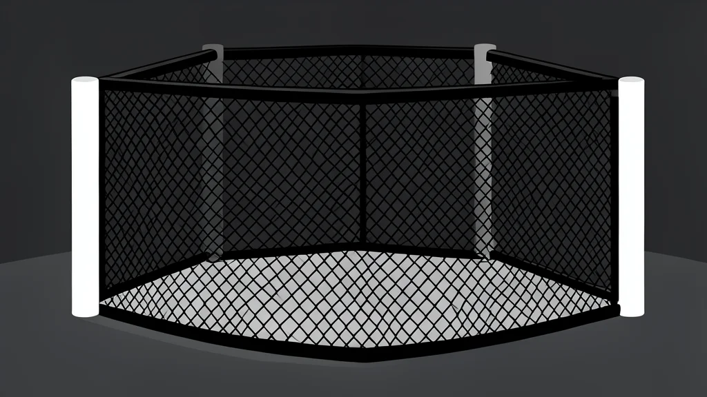 A padded octagonal fighting cage with black chain-link fencing and white corner posts, set against a dark arena background.