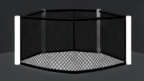 A padded octagonal fighting cage with black chain-link fencing and white corner posts, set against a dark arena background.