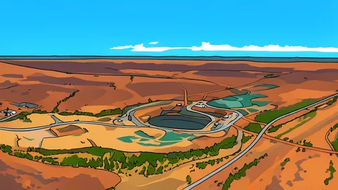 A large open-pit gold mine with terraced earth walls and heavy mining machinery