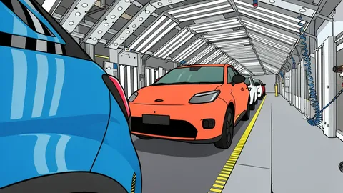 A row of compact SUVs and people carriers parked in a line inside a large industrial assembly hall
