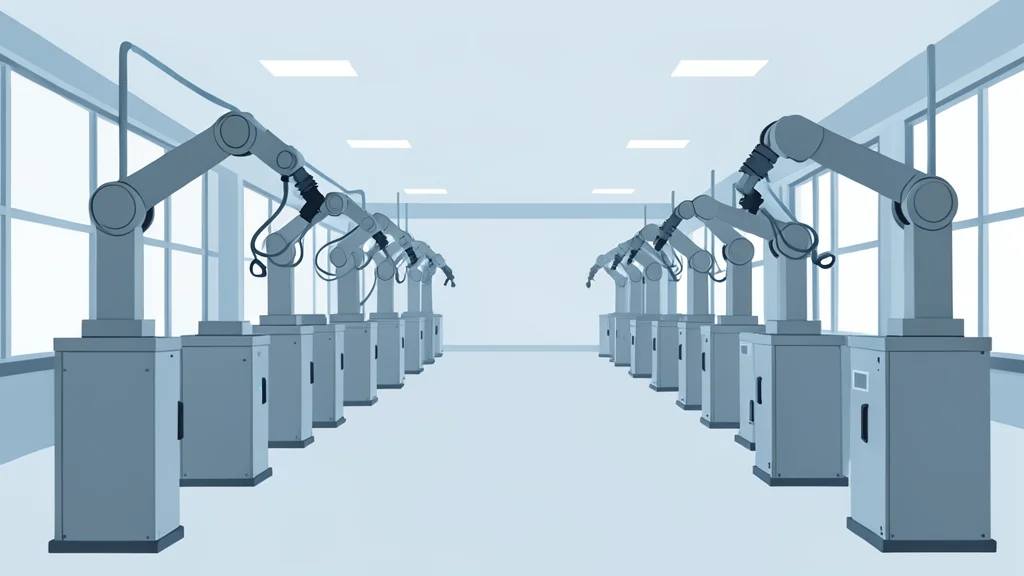 A cleanroom facility with rows of automated manufacturing equipment and robotic arms