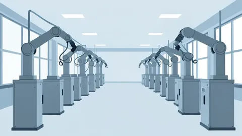 A cleanroom facility with rows of automated manufacturing equipment and robotic arms