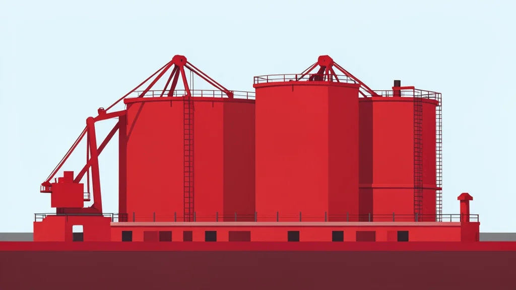 A red sea oil export terminal with large storage tanks and loading arms