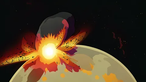 A flat vector illustration of a rocky lunar surface featuring a prominent impact crater and surrounding diffuse dust.