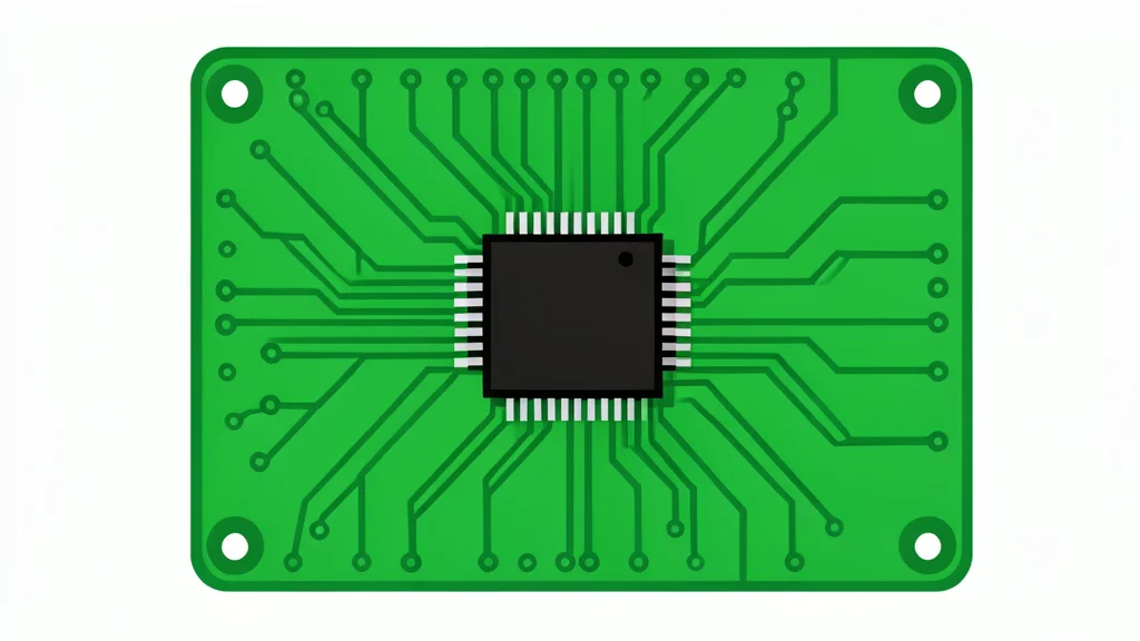 A close-up view of a green printed circuit board with intricate copper traces and a black integrated circuit chip mounted in the center.