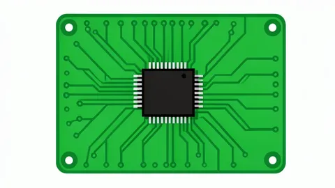 A close-up view of a green printed circuit board with intricate copper traces and a black integrated circuit chip mounted in the center.