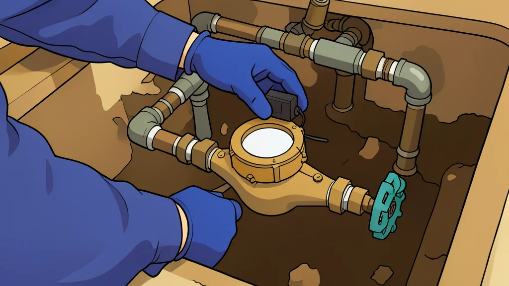 A flat-vector illustration of a small electronic module clipped onto a mechanical water meter dial.
