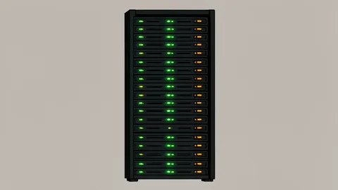 A server rack with blinking status lights