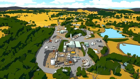 A large industrial mining site featuring heavy earth-moving equipment and distinct piles of raw ore.