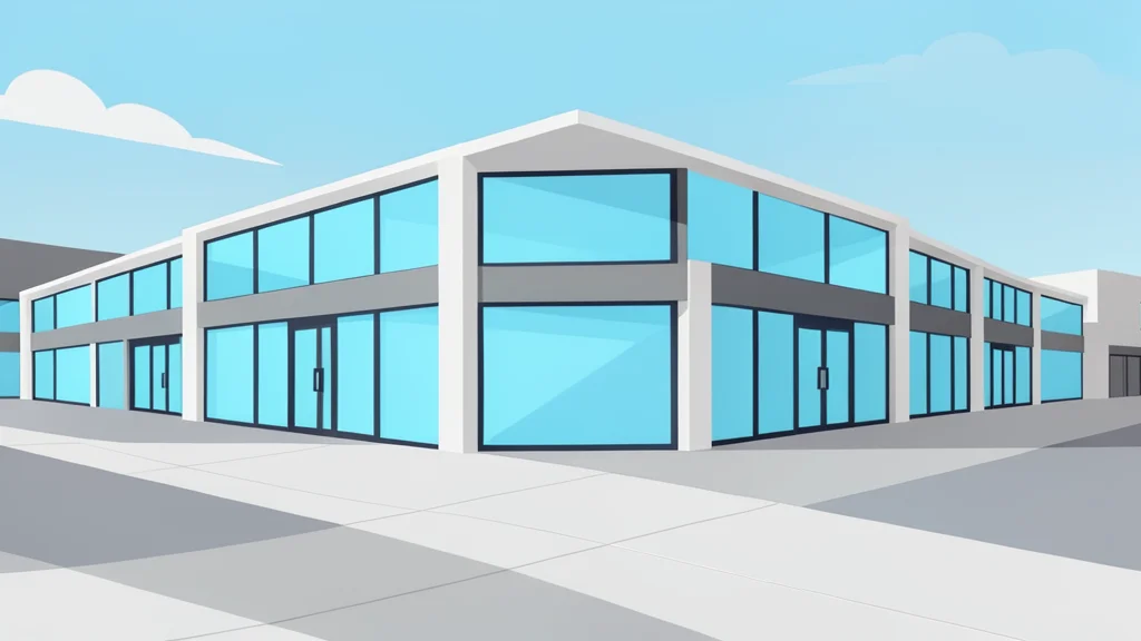 A modern shopping plaza exterior with glass storefronts and paved walkways