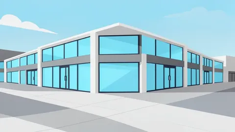 A modern shopping plaza exterior with glass storefronts and paved walkways