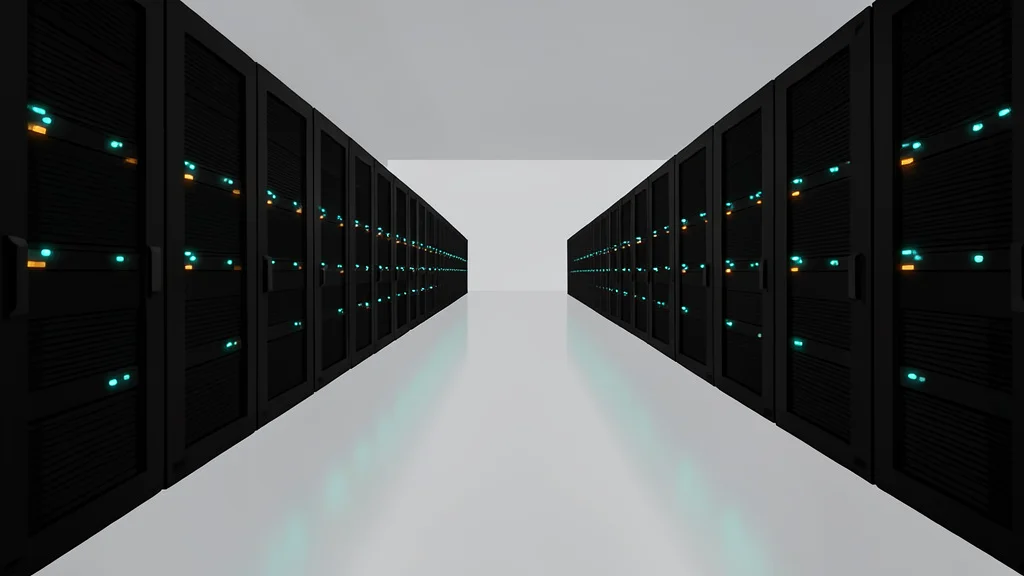 Rows of black server racks with glowing status lights inside a large, air-conditioned data center hall