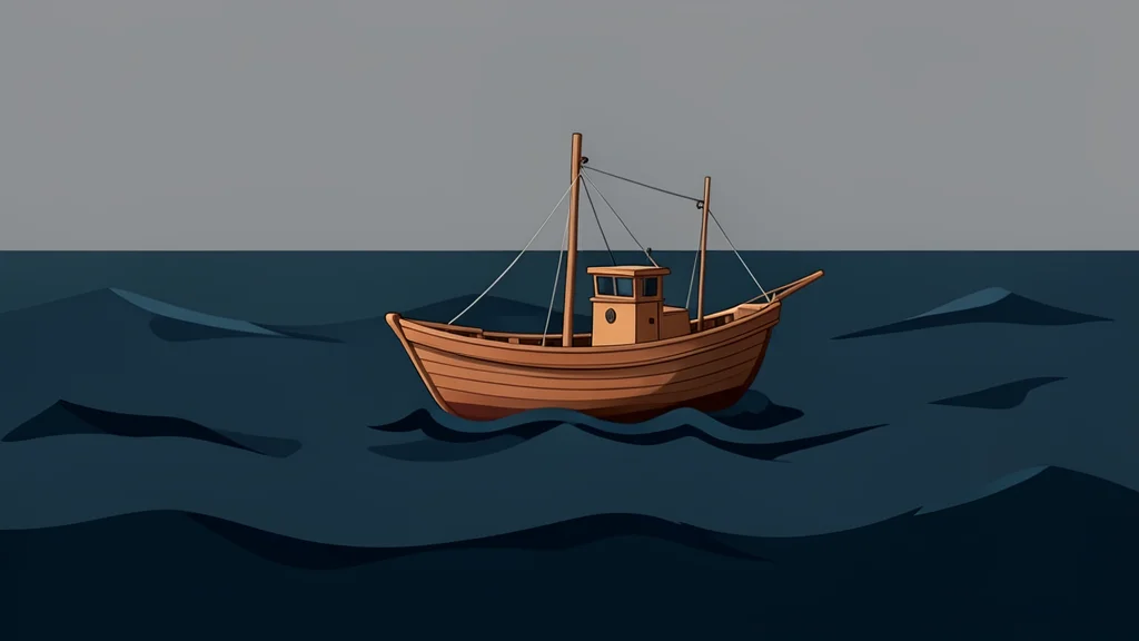 A small wooden fishing boat floating on dark, choppy ocean water under a grey sky