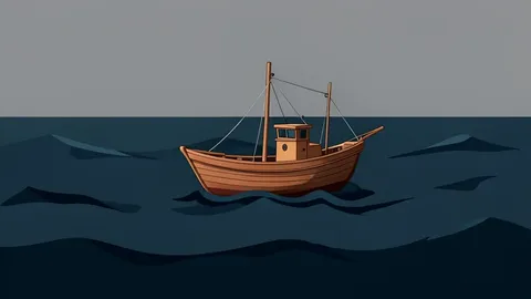 A small wooden fishing boat floating on dark, choppy ocean water under a grey sky