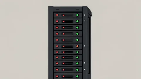 A server rack with blinking status lights