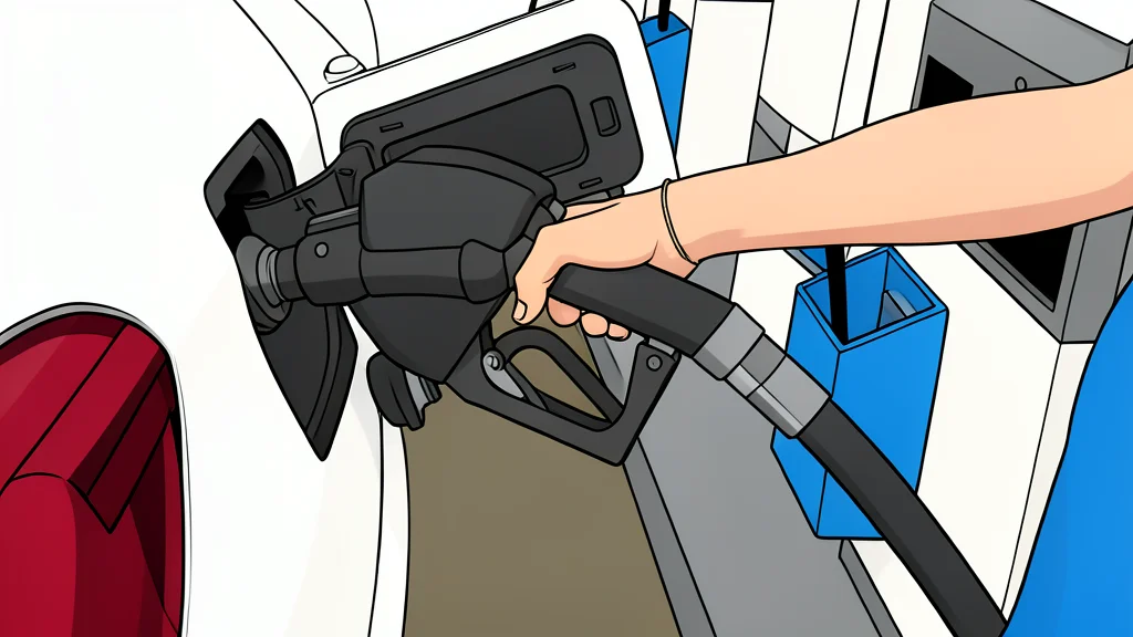A fuel pump nozzle resting on a concrete island at a service station