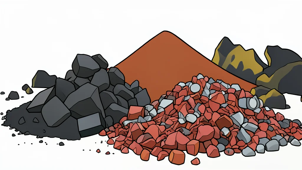 A flat-vector illustration of a snowy arctic landscape with jagged rocks and a distant industrial mining facility.