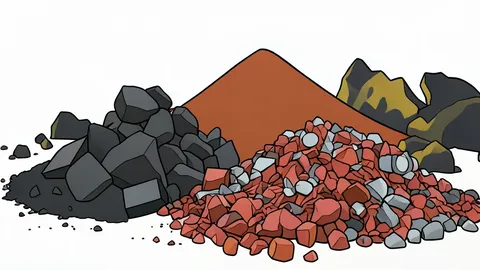 A flat-vector illustration of a snowy arctic landscape with jagged rocks and a distant industrial mining facility.