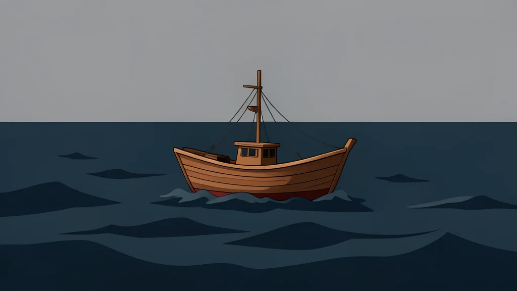 A small wooden fishing boat floating on dark, choppy ocean water under a grey sky